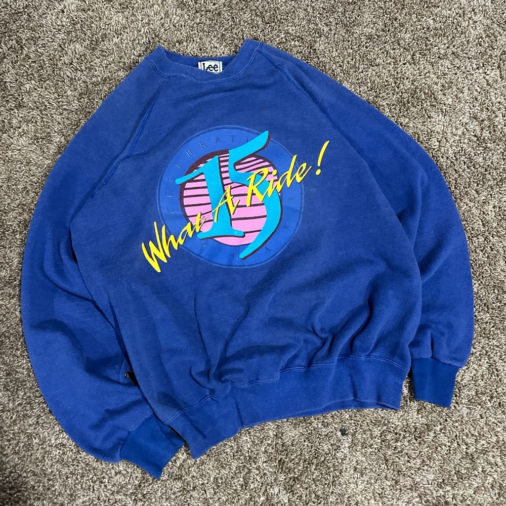 Blue Sun Faded 80s Lee Crewneck “Celebrating 15 Years, What A Ride!”